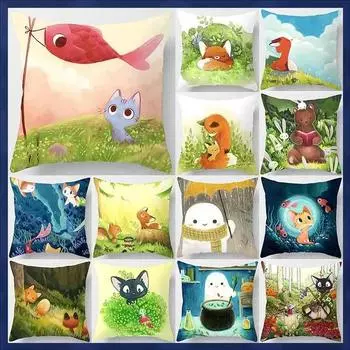 Красочная садовая мультяшная подушка для домашних животных, декор для детской комнаты, милый кот, рыба, сказка, наволочка с животными 40x40cm