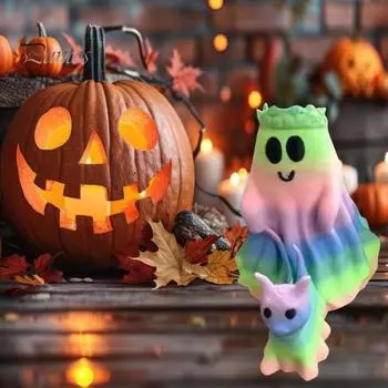 Красочная статуя собаки-призрака, гуляющая на Хэллоуин, жуткая радужная фигурка щенка-призрака, скульптура из смолы, украшение для рабочего стола в помещении и на открытом воздухе, орнамент разноцветный