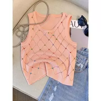 Красочная вязаная майка со стразами, повседневная майка без рукавов с круглым вырезом для лета, женская одежда, укороченный топ, майки S белый