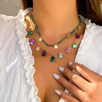Красочное бирюзовое универсальное ожерелье для женщин в пасторальном этническом стиле, европейское и американское ретро-рисовые бусины, сладкая и крутая цепочка на ключицы