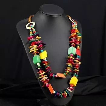 Красочное деревянное ожерелье в богемном праздничном стиле с длинным стилем в европейском и американском этническом стиле, преувеличенные персонализированные аксессуары для женщин