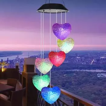 Красочное изменение цвета сердца Солнечная светодиодная лампа Windchime Wind Bell Lamp для наружного использования чёрный