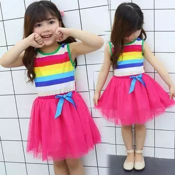 Красочное полосатое сетчатое лоскутное платье, платья с бабочкой без рукавов для маленьких девочек 100 белый