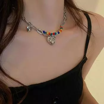 Красочное сердце, конфеты, звезды, бусины, ожерелье, кулон с бантом, колье, ожерелье, легкое ожерелье регулируемой длины, ювелирное изделие, подарок E