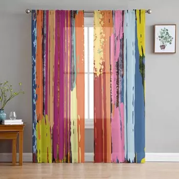 Красочные абстрактные модернистские шторы из тонкой ткани в стиле масляной живописи для декора гостиной, оконные шторы, кухонные тюлевые шторы-вуаль W135 x H115cm x1