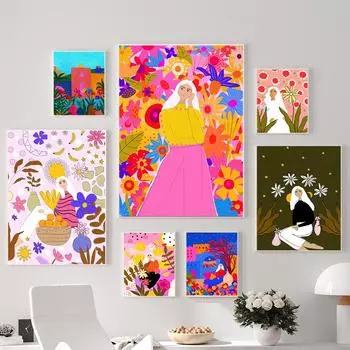 Красочные абстрактные модные девушки с цветами, настенная живопись на холсте, плакаты на скандинавскую тему и принты, настенные панно для декора гостиной 21cm30cm NoFrame