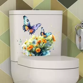 Красочные бабочки Цветочная наклейка на унитаз Съемная самоклеящаяся стена Водонепроницаемая ПВХ Гостиная Цветочное искусство Ванная комната Украшение крышки унитаза A