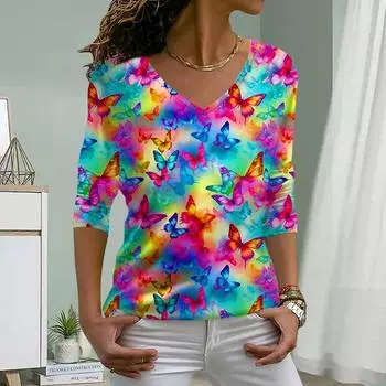 Красочные бабочки принт женские футболки женские топы с длинным рукавом V-образный вырез пуловер женские футболки футболка для женщин XS синий