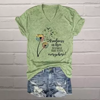 Красочные блузки с рисунком одуванчиков, футболки с коротким рукавом и V-образным вырезом, повседневные XS зелёный