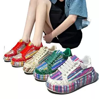 Красочные бриллианты модная спортивная обувь женская новая осенне-зимняя тенденция стразы декоративные туфли на плоской подошве банкетная уличная повседневная обувь 35 бежевый