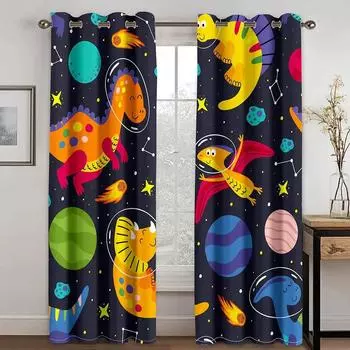 Красочные черные мультяшные динозавры забавные каракули шторы светофильтрующие оконные шторы для детей мальчик девочка ребенок гостиная спальня 50W130H(CM) 2PCS&Grommet Top