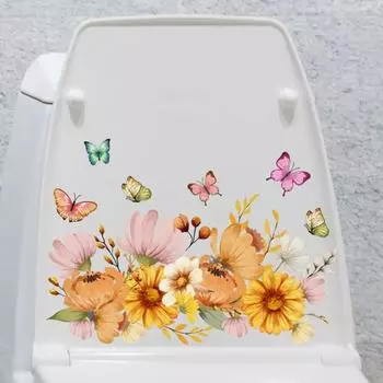 Красочные Цветочные Бабочки Наклейка на Туалет Съемная Самоклеящаяся Водонепроницаемая ПВХ Гостиная Стена Искусства Ванная Комната Крышка Унитаза Украшение Наклейка Stickers