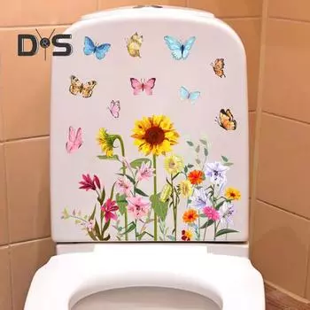 Красочные Цветочные Бабочки Наклейка на Туалет Съемная Самоклеящаяся Водонепроницаемый ПВХ Гостиная Стены Искусства Цветочная Ванная Комната Крышка Унитаза Украшение Наклейка Flower