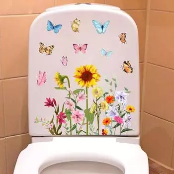 Красочные Цветочные Бабочки Наклейка на Туалет Съемная Самоклеящаяся Водонепроницаемый ПВХ Гостиная Стены Искусства Цветочная Ванная Комната Крышка Унитаза Украшение Наклейка Flower