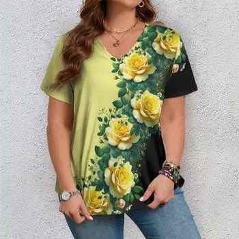 Красочные цветочные принтованные женские футболки футболка с короткими рукавами и V-образным вырезом свободный повседневный топ летняя уличная одежда 2024 новинка S
