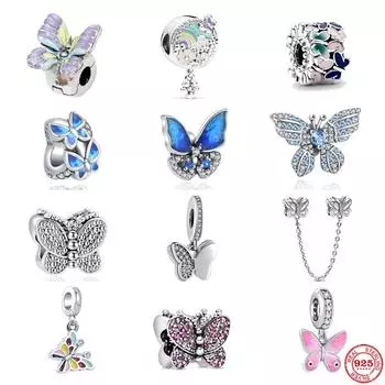 Красочные цветы подвеска-бабочка Новые стерлингового серебра 925 пробы Подвески подходят модный браслет Ювелирные аксессуары DIY Изготовление клипс бусины