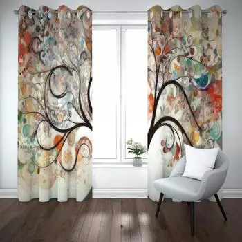 Красочные деревья современные полиэстеровые светофильтрующие шторы цветочная тема декоративные 2 панели тонкие шторы для спальни гостиной 100W160H(CM)40x63in&Hook