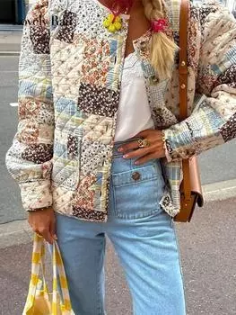 Красочные хлопковые куртки с ретро-принтом, женские однобортные пальто с круглым вырезом и длинными рукавами, осень-зима, женская повседневная уличная одежда M телесный
