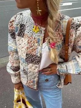 Красочные хлопковые куртки с ретро-принтом, женские однобортные пальто с круглым вырезом и длинными рукавами, осень-зима, женская повседневная уличная одежда M