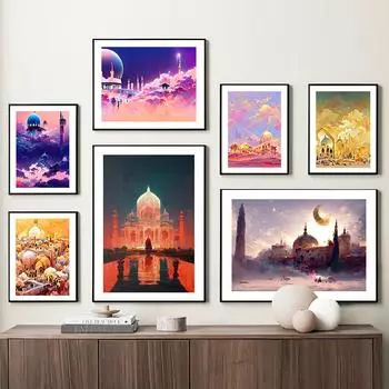 Красочные иллюстрации исламских зданий, настенные художественные постеры, принты, скандинавская картина на холсте, абстрактные картины для декора гостиной 21cm30cm NoFrame