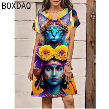 Красочные индийские стиль Женские короткие рукава V-образный вырез 3D принтованное платье Новые Большие размеры Летние повседневные А-силуэта Мини платья S