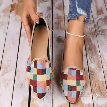Красочные клетчатые туфли на плоской подошве 2024 года, повседневные спортивные женские туфли на плоской подошве, одинарные туфли с острым носком, вулканизированные женские туфли Zapatillas Mujer 35
