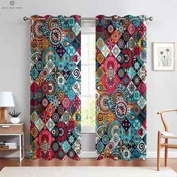 Красочные клетчатые занавески, ретро-богемный стиль, подходят для спальни, гостиной, украшения балкона, украшения дома W50xH130(CM)x2PCS&Grommet Top