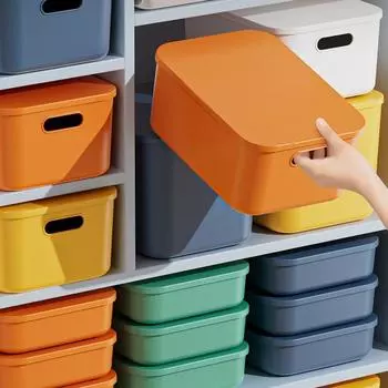 Красочные контейнеры для хранения с крышкой и ручкой, пластиковые штабелируемые корзины, настольный куб для мелочей, большая вместимость, ящик для хранения закусок 25*18*8.5cm белый