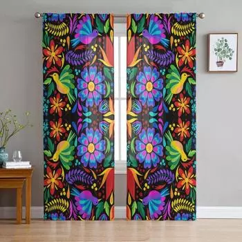 Красочные Мексиканские абстрактные цветочные прозрачные шторы для украшения гостиной, оконные шторы, тюль для кухни, вуаль, органза, шторы W135 x H115cm x1