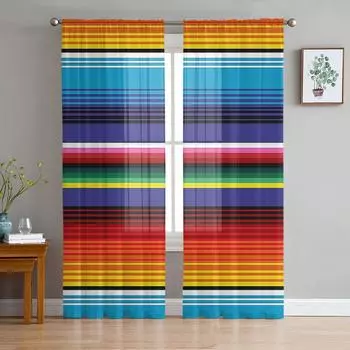 Красочные мексиканские полосы прозрачные шторы для украшения гостиной оконные шторы для кухни тюль вуаль органза шторы W135 x H115cm x1