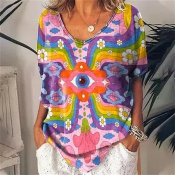 Красочные модные женские футболки с модными персонажами, топ с 3D-принтом, повседневная футболка Harajuku с коротким рукавом и V-образным вырезом, женская одежда больших размеров S