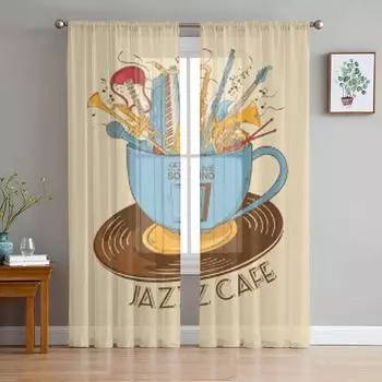 Красочные музыкальные инструменты в чашке, прозрачные шторы для гостиной, детская спальня, тюлевые шторы, кухонные шторы для окон 135W x 114H(cm)
