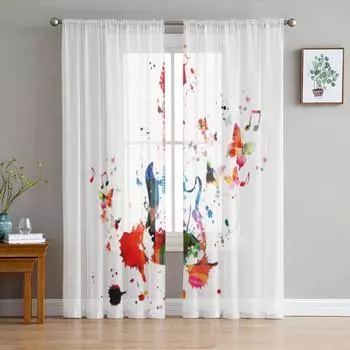 Красочные музыкальные прозрачные шторы с гитарой для гостиной, прозрачный тюль, занавески для окон, спальни, кухни, домашний декор, вуаль, шторы 135W x 114H(cm)