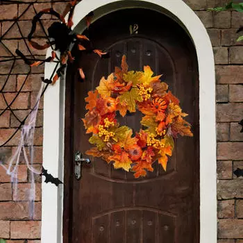 Красочные осенние настенные дверные венки, украшения из искусственных кленовых листьев на Хэллоуин 35CM