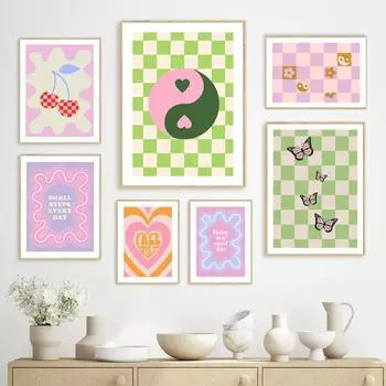 Красочные пастельные принты плакатов вишневый плед любовь цветок бабочка детская настенная живопись печать холст настенные панно домашний декор A4 21X30cm No Framed