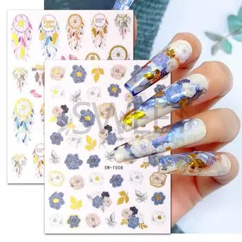 Красочные перья и цветы, бронзовые наклейки для ногтей, наклейки для дизайна ногтей, аксессуары для дизайна ногтей, украшения