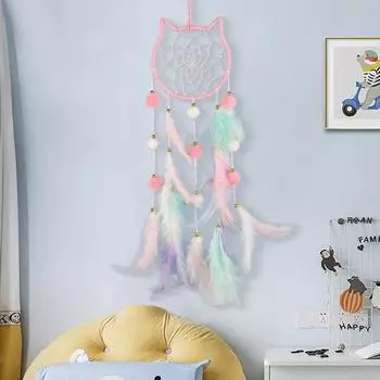 Красочные перья Ловец снов с лампой на полоске Гостиная Девичья спальня настенное искусство ручной работы Бохо Кот Луна Звезда Кролик Ловец снов Украшение A Cat розовый