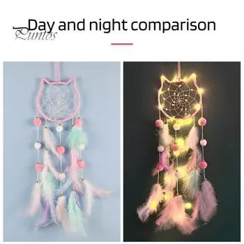Красочные перья Ловец снов с лампой на полоске Гостиная Девичья спальня настенное искусство ручной работы Бохо Кот Луна Звезда Кролик Ловец снов Украшение Орнамент A Cat синий