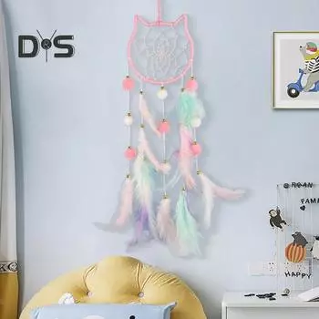 Красочные перья Ловец снов с лампой на полоске Гостиная Девичья спальня настенное искусство ручной работы Бохо Кот Луна Звезда Кролик Ловец снов Украшение Орнамент A Cat синий