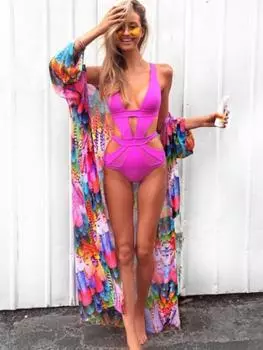 Красочные перья Пляжные накидки Шифоновый свободный купальник-накидка Кимоно Летние праздничные купальные костюмы Пляжная одежда One Size разноцветный
