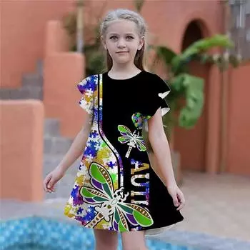 Красочные платья с принтом стрекоз для девочек. Детское праздничное платье для девочек. Свободная облегающая юбка с короткими рукавами для девочек старше четырех лет. 80 коричневый