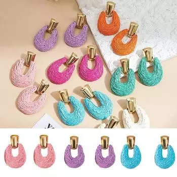 Красочные плетеные серьги из рафии, однотонные серьги в этническом стиле, креативные пляжные серьги с кисточками для женщин оранжевый