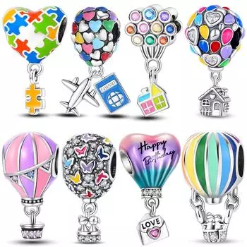 Красочные подвески на воздушном шаре из бисера S925, серебро, самолет, дом, висячий браслет, ожерелье, DIY ювелирные изделия, маркировка