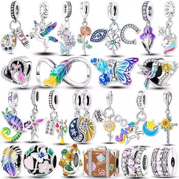 Красочные Подвески Стерлингового Серебра 925 Cz Бусины Бабочки Подсолнухи Глаз Подвеска Подходит Оригинальный Новый Браслет Diy Ювелирные Изделия