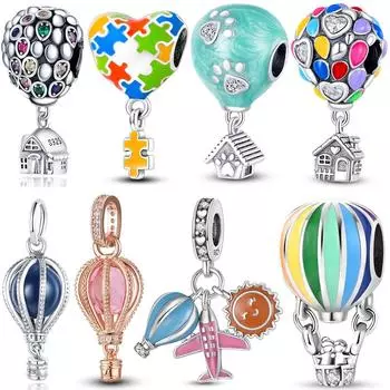 Красочные подвески в виде воздушных шаров из бисера из стерлингового серебра 925 пробы, самолет, дом, висячий браслет, ожерелье, DIY ювелирные изделия, маркировка
