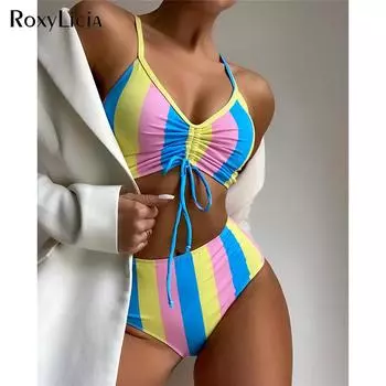 Красочные полосатые женские купальники на шнуровке, бикини с высокой талией, женские купальники, комплект бикини из двух частей, купальный костюм для плавания S