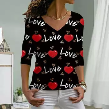 Красочные принты для женщин Футболки Женские топы Длинные рукава V-образный вырез Пуловер Femme Футболки Футболка для женщин XS красный