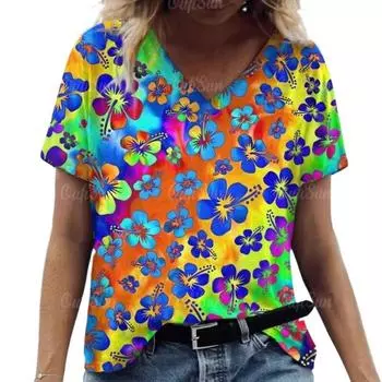 Красочные принты летние футболки с V-образным вырезом для женщин 3D цветочная эстетика повседневные свободные топы модные футболки Harajuku рубашки S