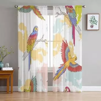 Красочные прозрачные занавески с попугаем Ара в стиле гранж для гостиной, спальни, вуаль, занавески для окон, занавески из органзы, вечерние тюлевые шторы 135W x 114H(cm)