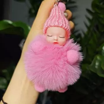 Красочные пушистые шарики брелки помпон спящий ребенок брелок подвесной держатель для ключей аксессуары для женщин мужчин ювелирные изделия подарок розовый